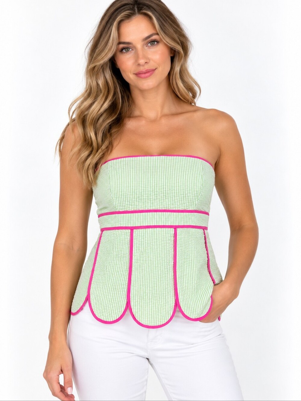 Lilly Pulitzer Strapless Top Womens 6 Green Seersucker Pink Scalloped Cotton